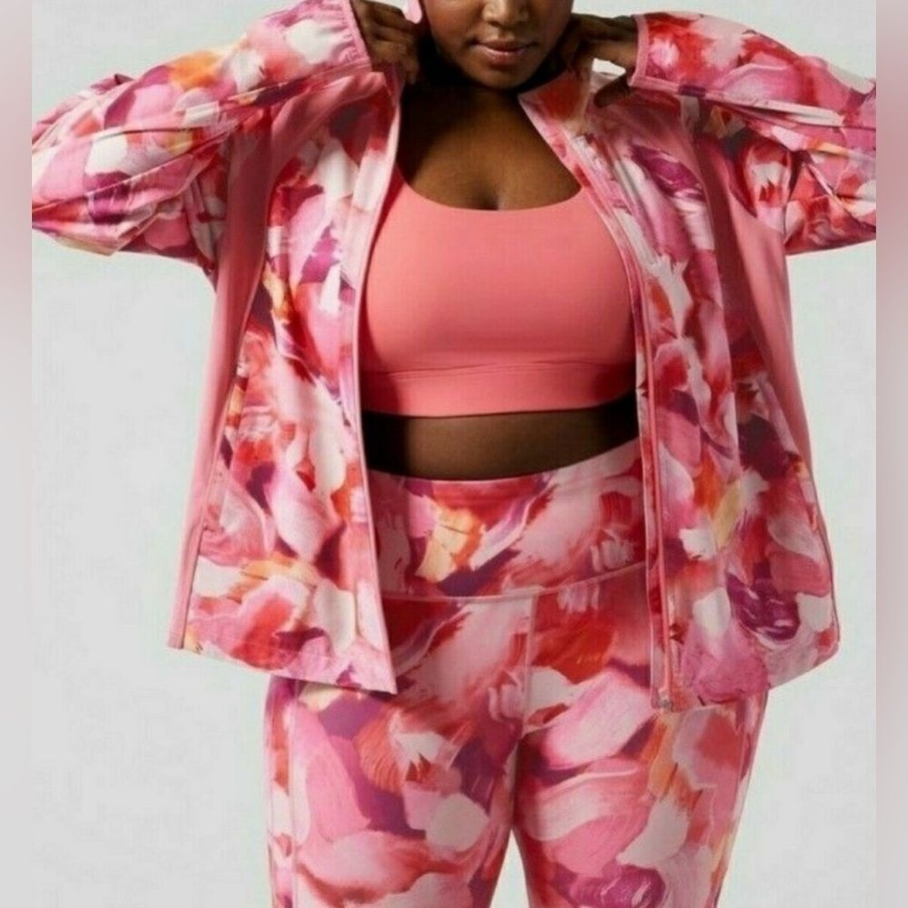 ATHLETA Pink Jacket Windbreaker Floral Workout Gym Barbie Full Zip Run XL
